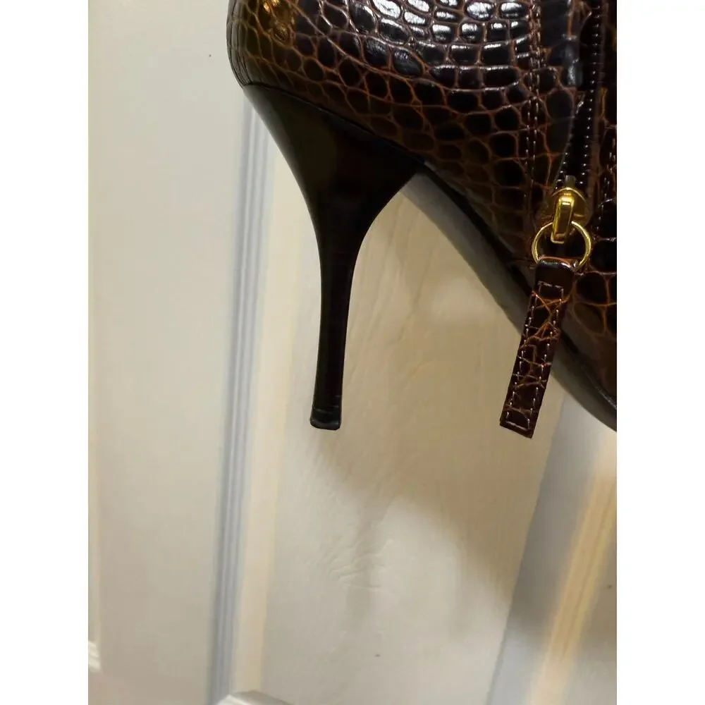 Giuseppe‎ Zanotti Croc Embossed Leather Bootie Boots Brown Italian Size 39 Heel